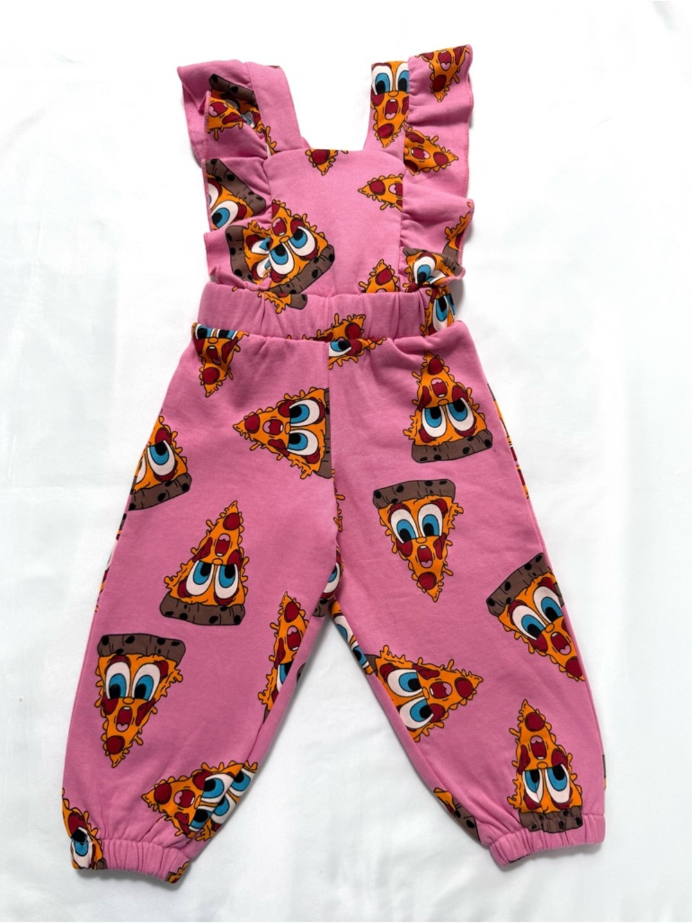 NWT Hugo Loves Tiki Pizza Print Jumper Pink Ruffle Strap Overalls